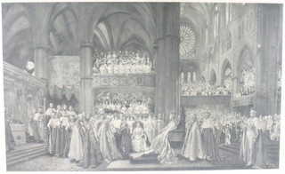 J H F Bacon, a print, "The Coronation Ceremony of His Most Gracious Majesty King George V in Westminster Abbey 1911", signed in pencil 19" x 32" with index on reverse
