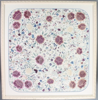 A Chinese silk work floral embroidery contained in a shaped mount 31" x 30"