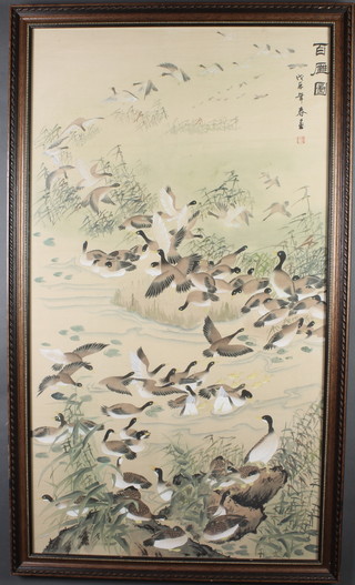 Japanese watercolour, a study of birds, signed, 10 1/2" x 23 1/2" 