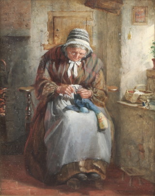 J M Barber 1862, oil on panel, an elderly lady knitting in an interior scene title "Granny" 10" x 8" 