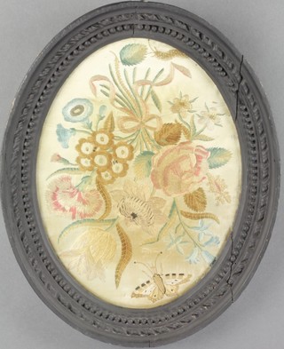 An 18th/19th Century oval stitch work panel decorated a garland of flowers, caterpillar and butterfly 11 1/2" x 9"  