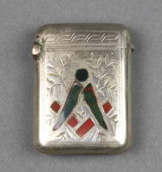 An Edwardian silver plated hardstone inlaid vesta with Masonic symbol 