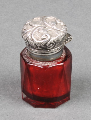 A Victorian ruby scent with repousse silver lid Birmingham 1897 1 1/2" 