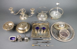 A silver plated muffin dish and minor silver plated items 