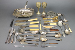 A silver plated swing handled basket and minor plated cutlery 