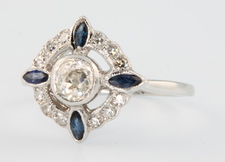 An 18ct white gold Art Deco style sapphire and diamond open ring, size M 