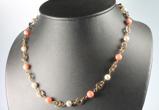 A 9ct yellow gold opal, pearl and chain necklace 18" together with an ensuite bracelet 8" 