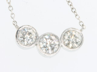 A 3 stone brilliant cut diamond necklace approx 0.8ct on an 18ct white gold chain 