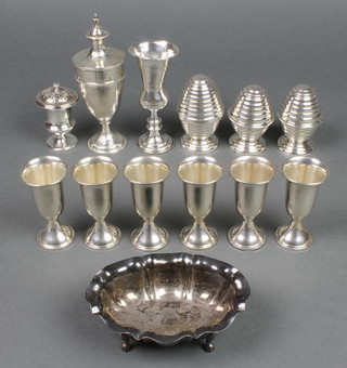 A set of 6 Sterling silver waisted tots 3", a silver shaker, a pepperette, Kiddish cup and 4 other items 