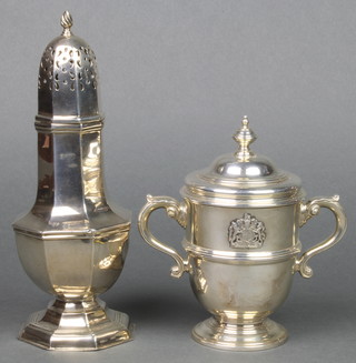 A silver 2 handled trophy cup and lid with presentation inscription London 1956 6" and an octagonal silver sugar shaker Birmingham 1907 8" 
