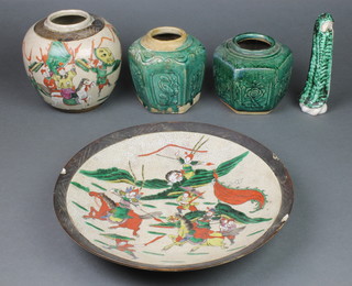 A Japanese crackle glazed charger depicting a fighting scene 12 1/2", a ditto ginger jar 6", 2 green glazed jars and a ditto figure 