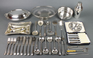 A silver plated cocktail shaker and minor plated items