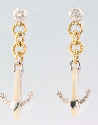 A pair of 14ct white and yellow gold diamond set hardstone anchor earrings