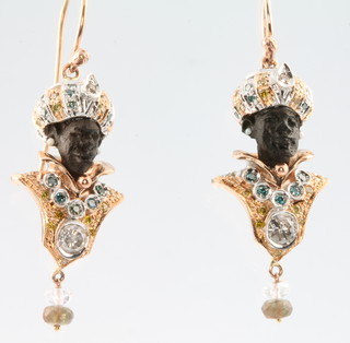 A pair of yellow gold gem set Blackamoor pendant drop earrings 