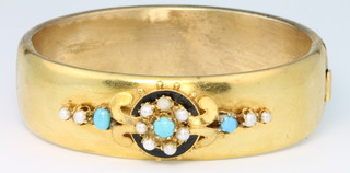 A 19th Century Continental yellow gold seed pearl, turquoise and enamel bangle 