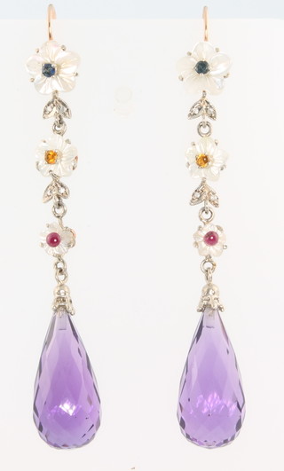 A pair of yellow gold amethyst and hardstone drop earrings 