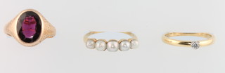 A yellow gold 5 stone pearl ring, size P and 2 others