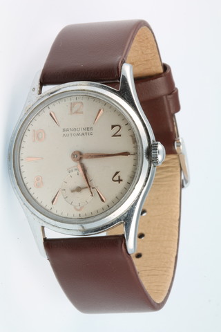 A gentleman's chromium cased Sanguines automatic wristwatch with seconds at 6 o'clock on a leather strap and a gilt cased Sempta ditto 