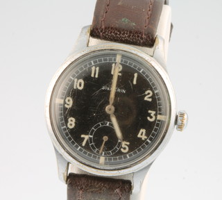 A gentleman's steel cased black dial Siegerin wristwatch with seconds at 6 o'clock, the back stamped D2878214 on a leather strap 