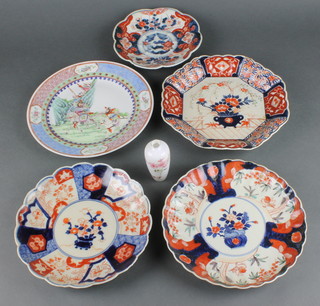 A Chinese famille rose plate decorated with warriors on horseback 8 1/2", a white glazed oviform vase decorated a bird amongst flowers 3" and 4 Imari plates