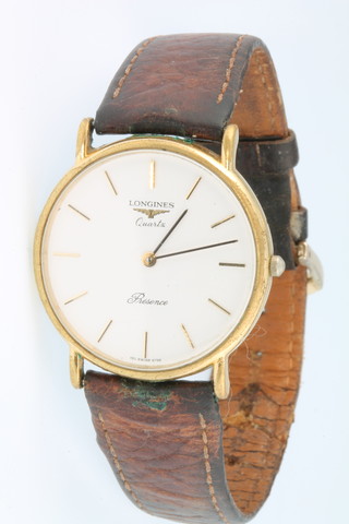 A gentleman's gilt cased Longines quartz Presence wristwatch on a leather strap 