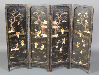 A 20th Century Japanese lacquered 4 fold screen inlaid with soapstone depicting figures in pavilion gardens, each panel 38"h x 12"w  