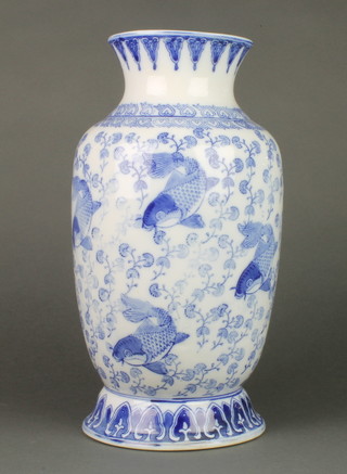 A circular Chinese blue and white vase decorated diving carp 14" 