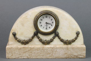 A German 8 day bedroom timepiece with paper dial and Arabic numerals contained in an arch shaped 2 colour marble case with swag decoration 6"h x 9 1/2"w