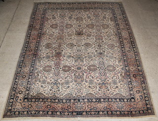 A white and pink floral patterned Persian rug with floral design, signed 152" x 118", some wear