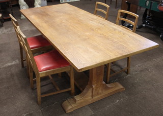 An oak refectory style dining table, raised on square chamfered supports with H framed stretcher 30"h x 84"l x 36"w together with a set of 4 oak framed ladder back dining chairs with upholstered drop in seats, raised on square supports with H framed stretchers 