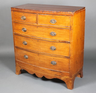 A Georgian mahogany bow front chest with crossbanded top, fitted 2 short and 3 long graduated drawers, raised on splayed bracket feet 44"h x 40"w x 20"d 