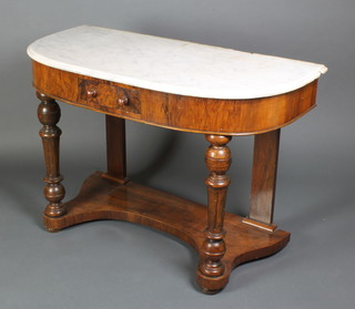 A Victorian walnut Duchess style D shaped wash stand with white marble top, fitted a drawer and raised on turned supports 28"h x 42"w x 19 1/2"d