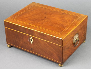 A rectangular inlaid Georgian mahogany trinket box with hinged lid inlaid satinwood stringing, having a brass diamond shaped escutcheon and raised on bun feet 5"h x 10"w x 7 1/2"d
