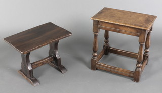 A 1930's oak joined stool raised on turned and block supports 18" x 17 1/2" x 11", the base with utility mark together with a rectangular elm stool raised on standard supports with H framed stretcher 13" x 17 1/2" x 12" 