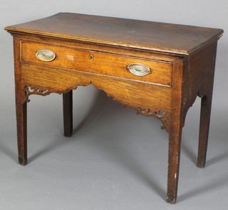 An 18th Century oak side table fitted a frieze drawer with deep apron, raised on square tapered supports 28"h x 36"w x 19"d 