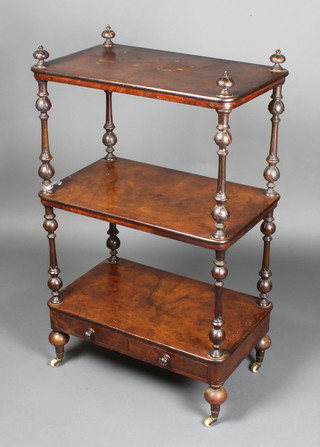 A rectangular Victorian burr walnut 3 tier what-not, the base fitted a drawer with turned supports 42"h x 25"w x 15 1/2"d 