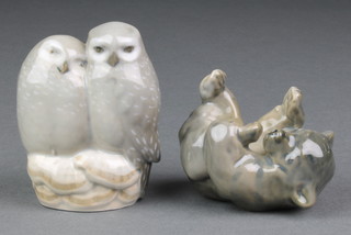 A Danish figure of a bear cub 1124 3" and a group of 2 owls 834 3" 