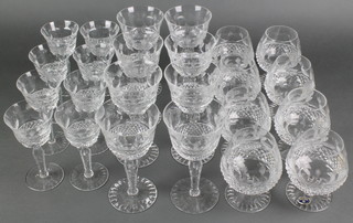 A set of Czechoslovakian cut glass tableware comprising 8 brandies, 8 large wines and 8 medium wines with hobnail cut and faceted decoration 