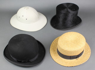 A gentleman's black top hat by W M Christy's  complete with box, a gentleman's Christy black bowler hat 7 1/8th, a Kieu Moi Ben Dep Vietnamese pith helmet and a straw boater 