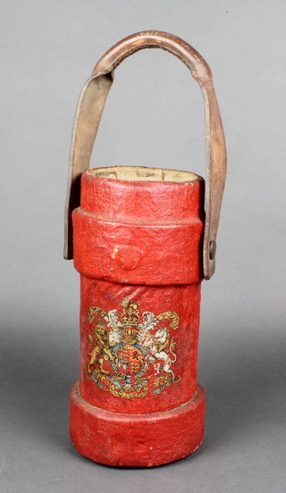 A cordite carrier with leather handle and decorated Royal Arms 12" 