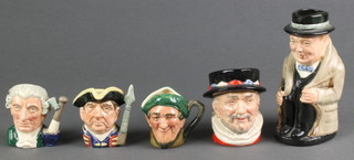 5 Royal Doulton character jugs - Sir Winston Churchill seated 5 1/2", Beefeater D6233 3" and 3 others