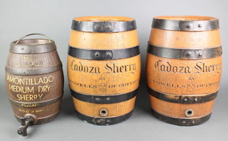 A pottery sherry barrel marked Amontillado Medium Sherry together with 2 plastic sherry casks marked Cadoz Sherry by Stonewalls of Chelsea 