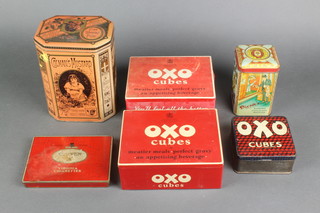 A Colman's Mustard tin with hinged lid of lozenge form, 3 Oxo tins, a Craven A Virginia Cigarettes tin and a Droste's tin  