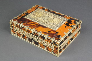 A 19th Century Indian tortoiseshell and ivory mounted trinket box of rectangular form with hinged lid 2 1/2"h x 8"w x 6"d 3