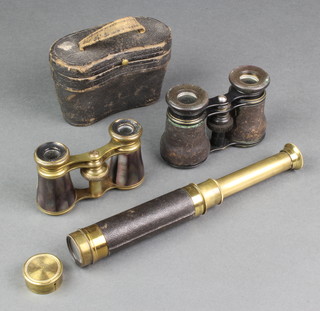 A 19th Century brass 3 drawer pocket telescope, a pair of gilt metal and mother of pearl effect opera glasses and 1 other pair of opera glasses
