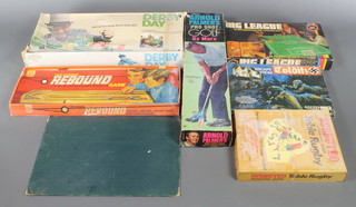 An Aurora Derby Day game, an Ideal Rebound game boxed, a Colditz board game, a Subbuteo International Edition table rugby game and Louis Marx Arnold Palmer Pro-shot golf game  