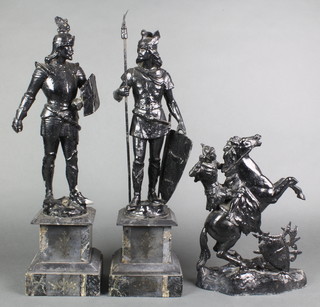 A pair of 19th Century black painted spelter figures of standing warriors raised on marble bases 7" together with a ditto Marley horse 12"  