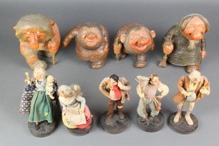 4 Continental carved wooden figures of trolls 8" and 5 fabric figures 6 1/2" 