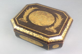 A 19th Century black lacquered octagonal box, the lid decorated court figures, 3 1/2"h x 15"w x 13"d 