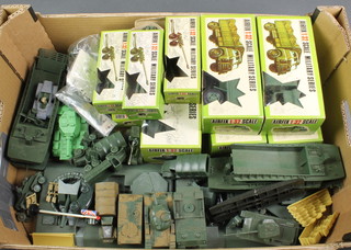 4 various Airfix 1.32 scale model military vehicles, 4 Bedford RT trucks, a Cromwell Mk 4 tank, 4 105mm field guns, boxed, together with other Airfix models 